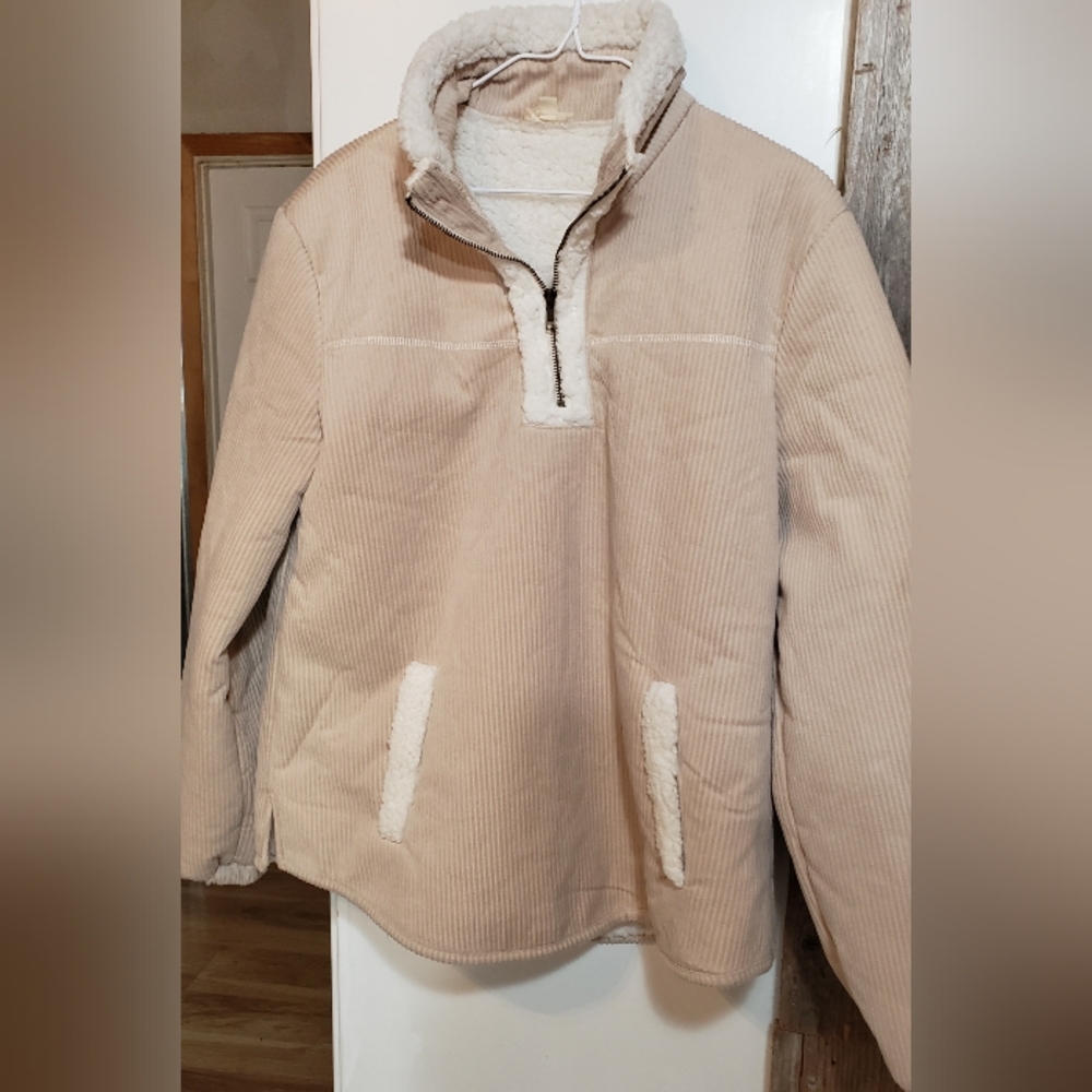 Womens Med Hem&Thread Long Sleeve Half Zip Up Jacket,tan,cordory,sherpa Lined